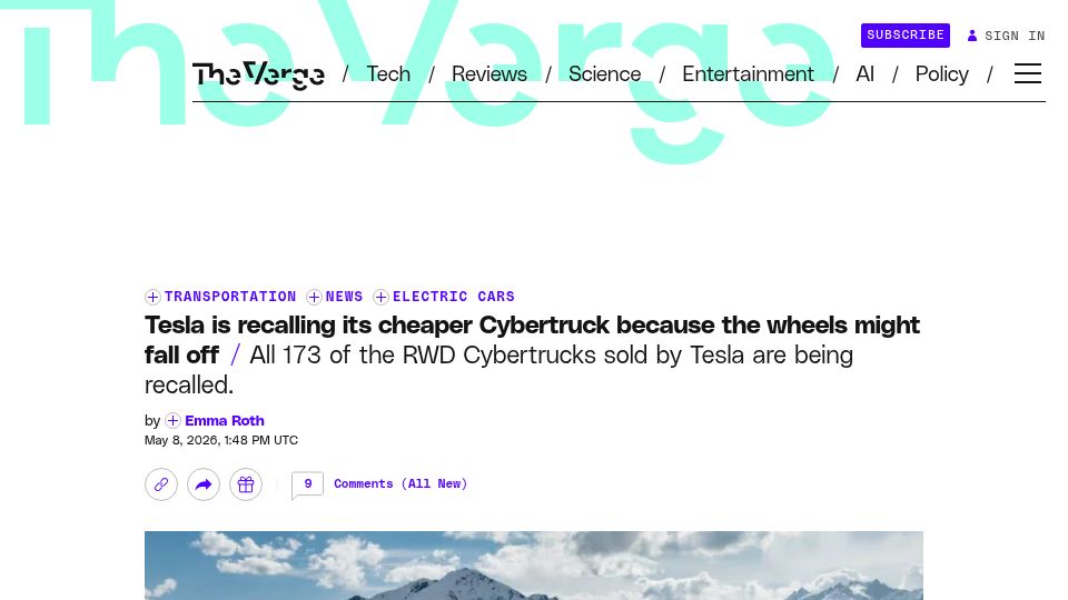 Screenshot of theverge.com: Tesla is recalling its cheaper Cybertruck because the wheels might fall off