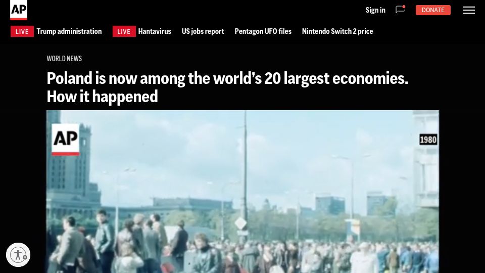 Screenshot of apnews.com: Poland is now among the 20 largest economies