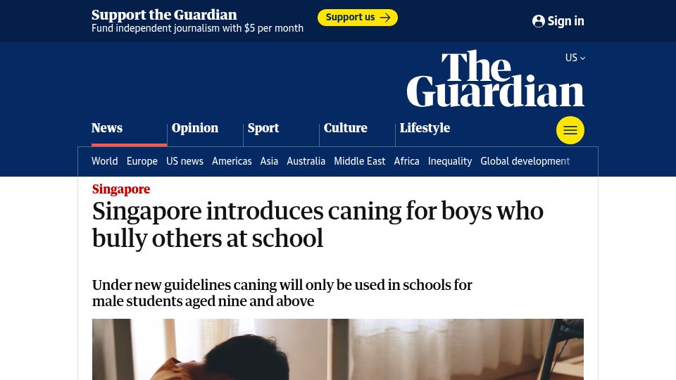 Screenshot of theguardian.com: Singapore introduces caning for boys who bully others at school