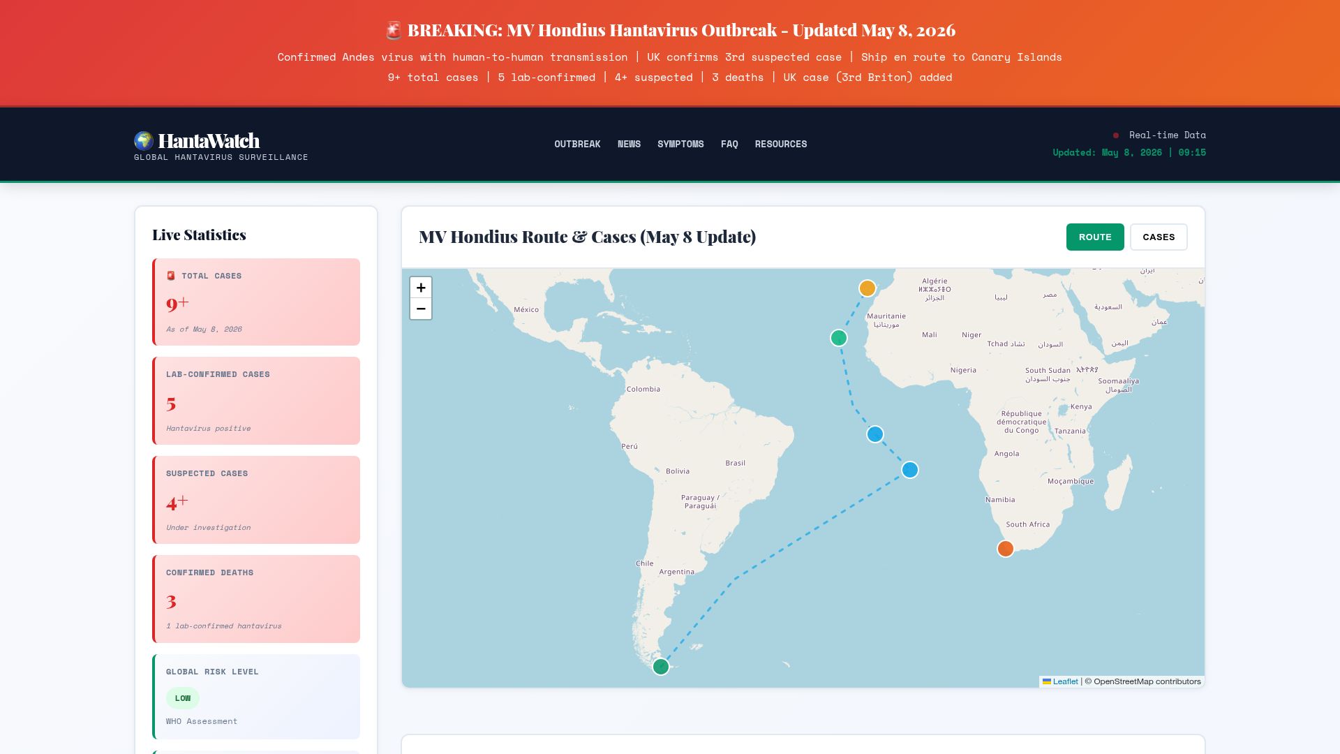 Screenshot of hantawatch.net: HantaWatch Real time hantavirus outbreak tracker