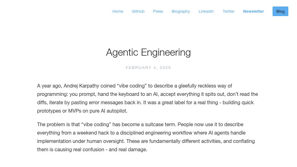 Screenshot of addyosmani.com: Agentic Engineering