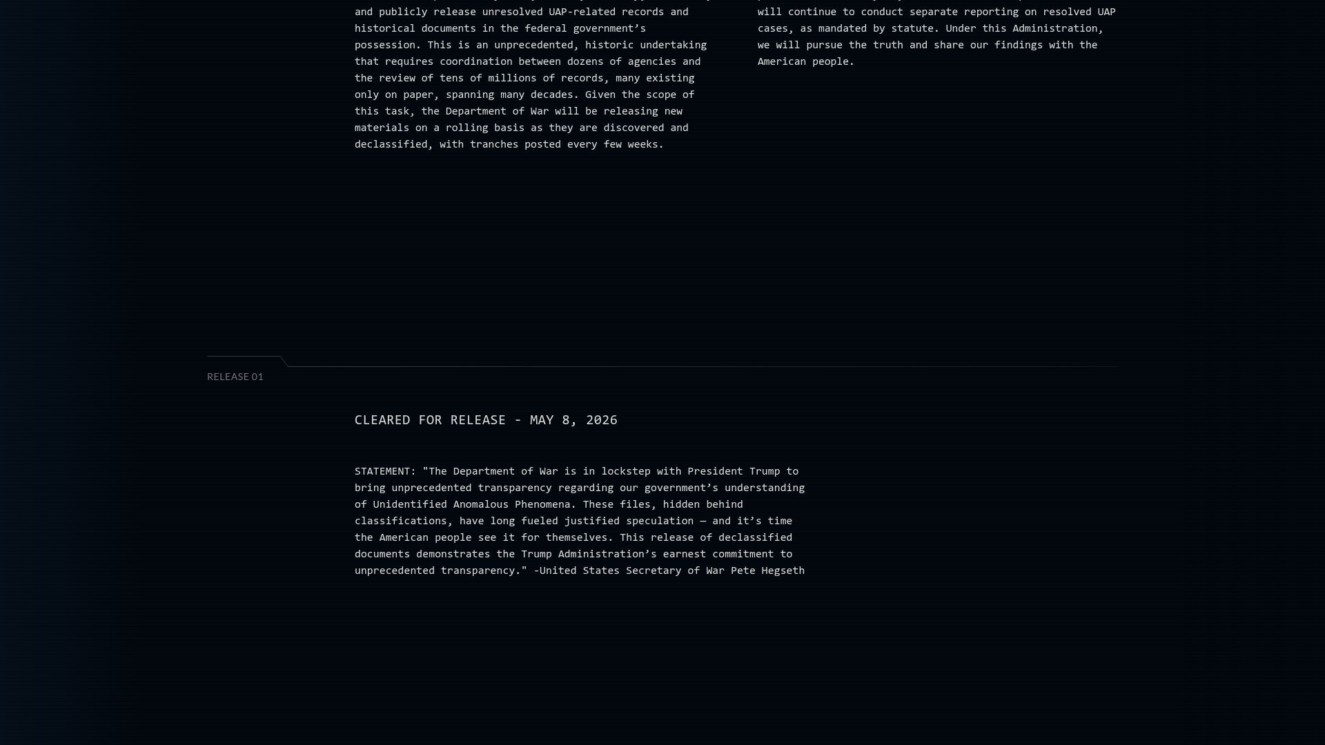 Screenshot of war.gov: UFO Release 1: Presidential Unsealing and Reporting System for UAP Encounters