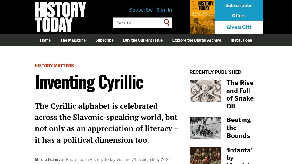 Screenshot of historytoday.com: Inventing Cyrillic (2024)