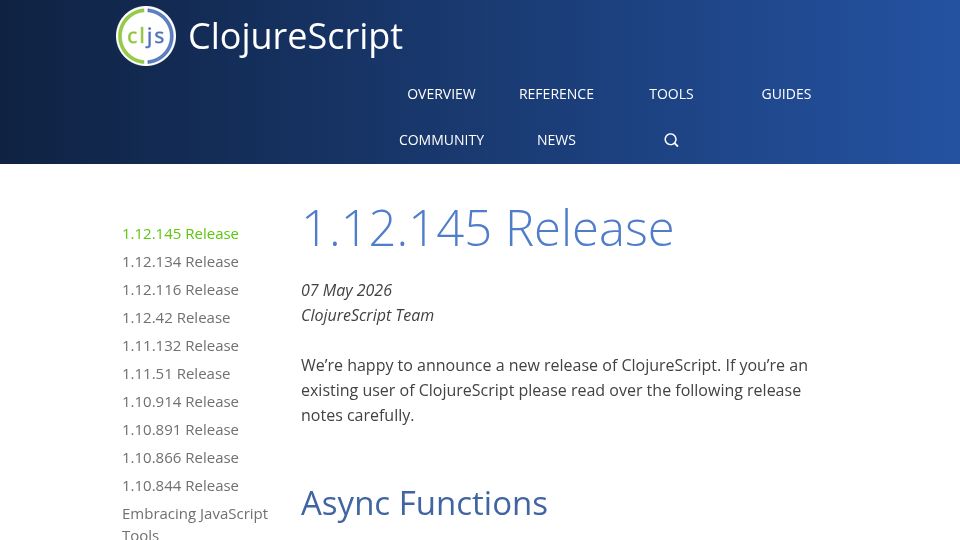 Screenshot of clojurescript.org: ClojureScript Gets Async/Await