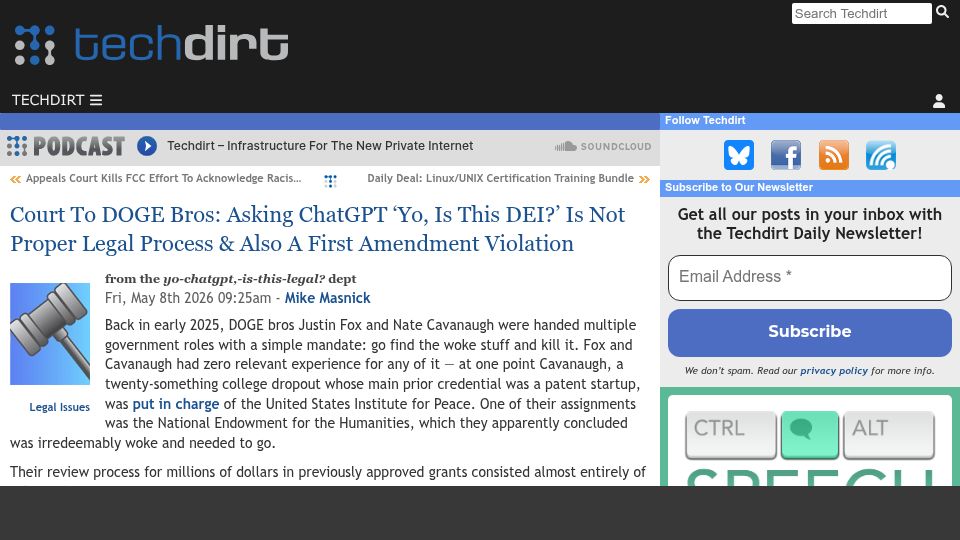 Screenshot of techdirt.com: Court to DOGE: Asking ChatGPT 'Is This DEI?' Is Not Proper Legal Process