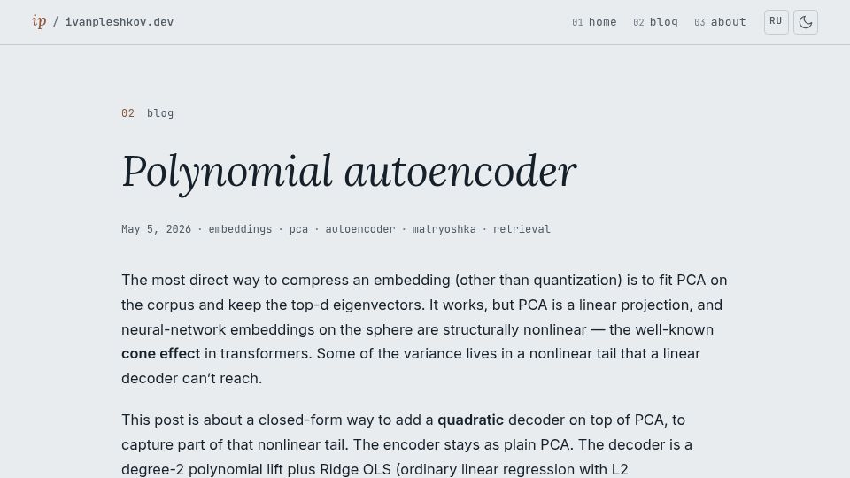 Screenshot of ivanpleshkov.dev: A polynomial autoencoder beats PCA on transformer embeddings