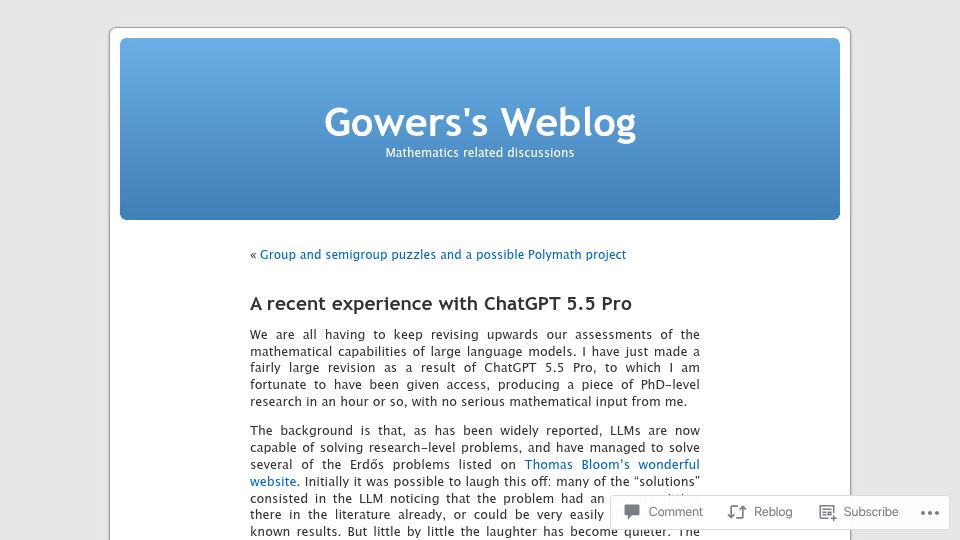 Screenshot of gowers.wordpress.com: A recent experience with ChatGPT 5.5 Pro