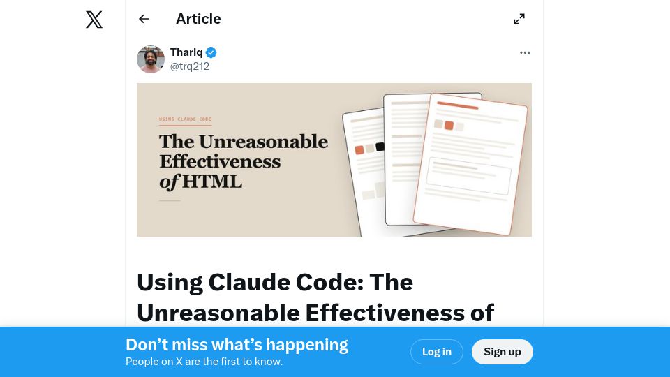 Screenshot of twitter.com: Using Claude Code: The unreasonable effectiveness of HTML
