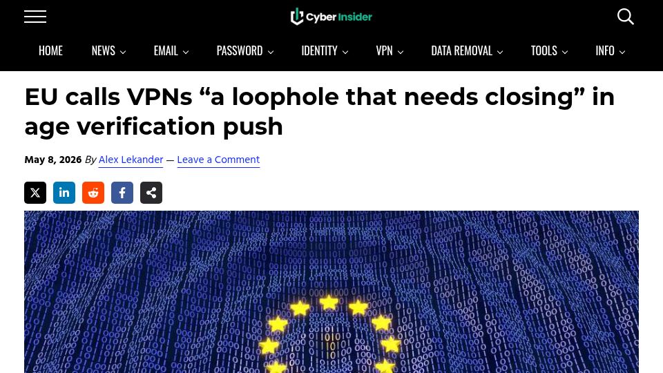 Screenshot of cyberinsider.com: EU Parliamentary Research Service calls VPNs "a loophole that needs closing"