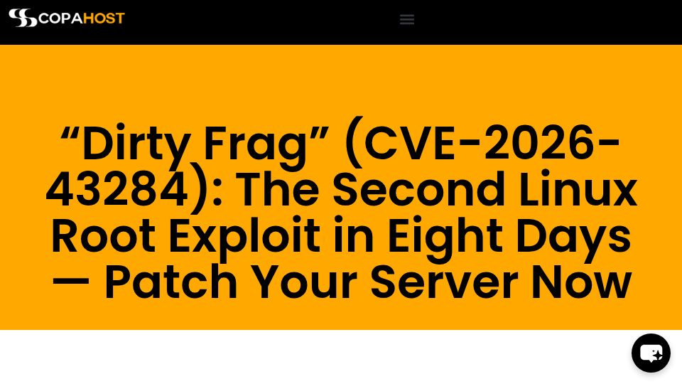 Screenshot of copahost.com: "Dirty Frag" (CVE-2026-43284): The Second Linux Root Exploit in Eight Days