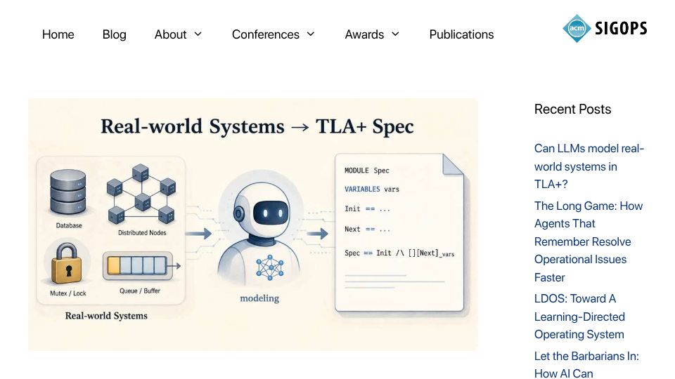 Screenshot of sigops.org: Can LLMs model real-world systems in TLA+?
