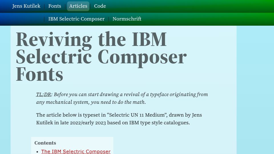 Screenshot of kutilek.de: Reviving the IBM Selectric Composer Fonts (2023)