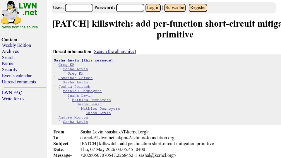 Screenshot of lwn.net: Killswitch: Per-function short-circuit mitigation primitive