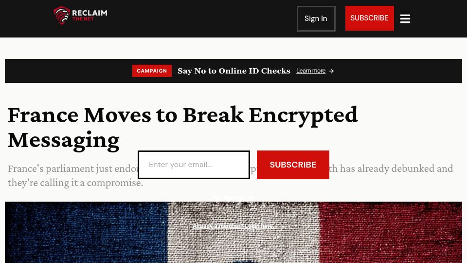 Screenshot of reclaimthenet.org: France moves to break encrypted messaging
