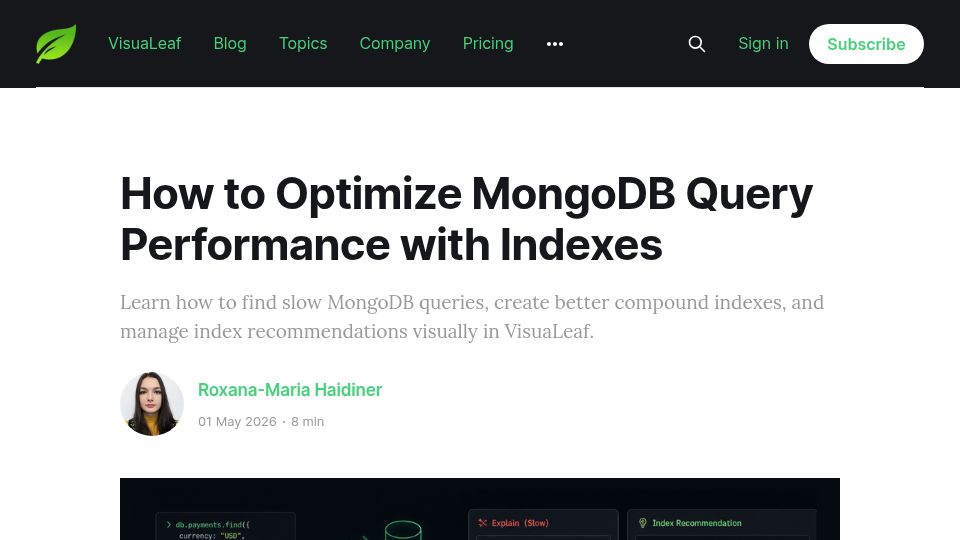 Screenshot of visualeaf.com: How to Optimize MongoDB Query Performance with Indexes