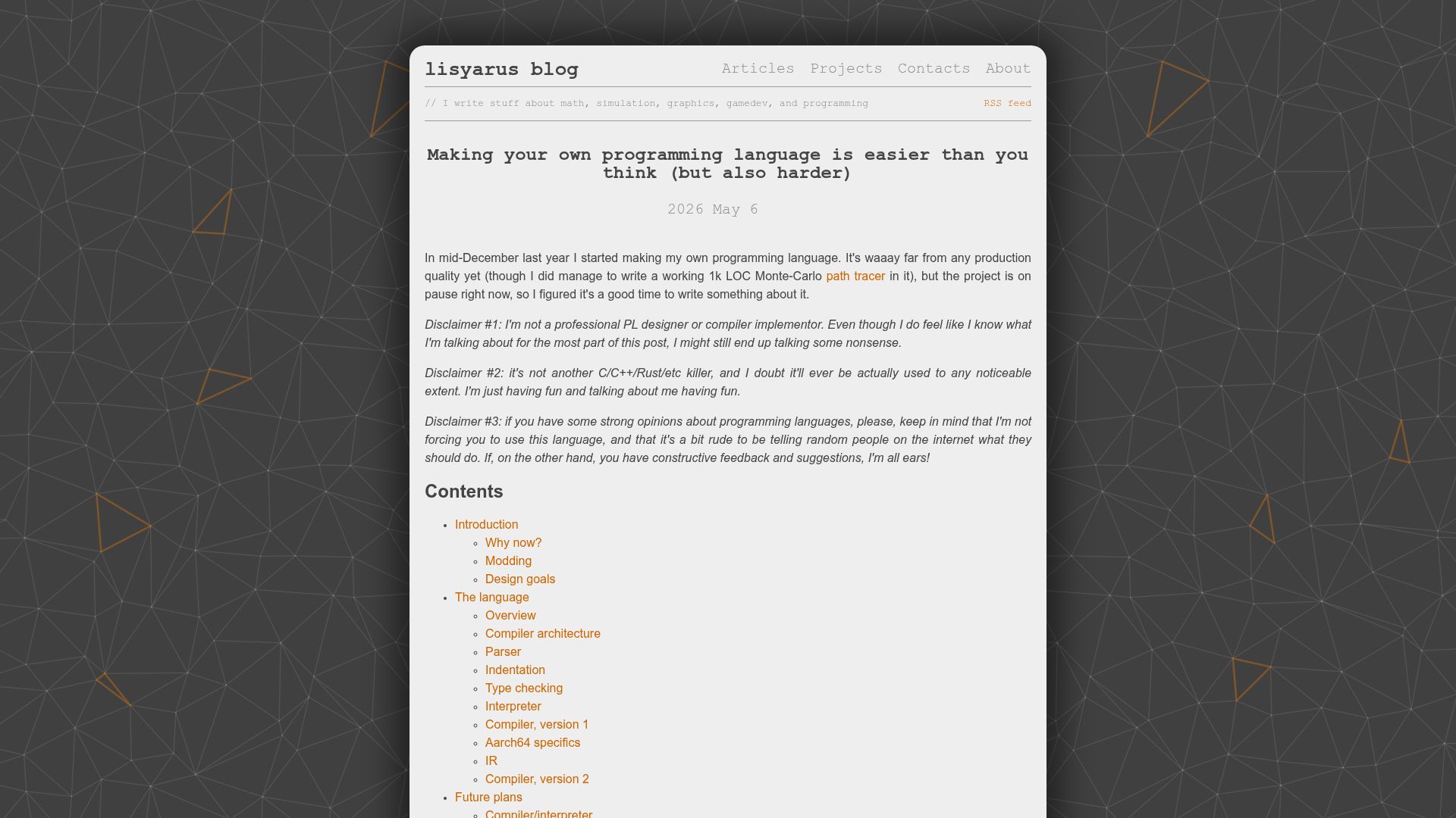 Screenshot of lisyarus.github.io: Making your own programming language is easier than you think (but also harder)