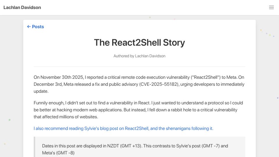 Screenshot of lachlan.nz: The React2Shell Story