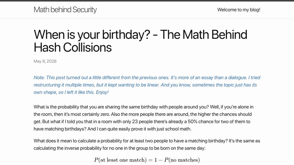 Screenshot of 0xkrt26.github.io: When is your birthday? The math behind hash collisions