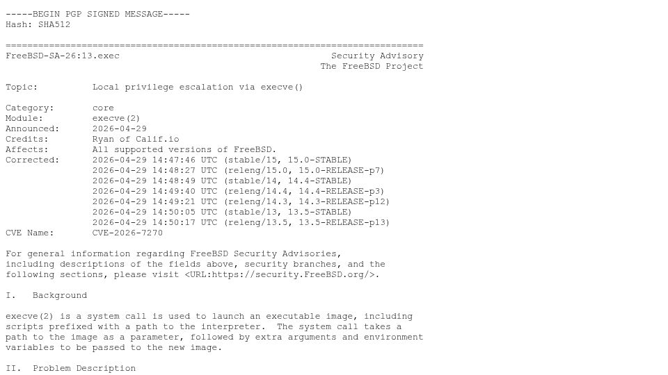 Screenshot of freebsd.org: Local privilege escalation via execve()