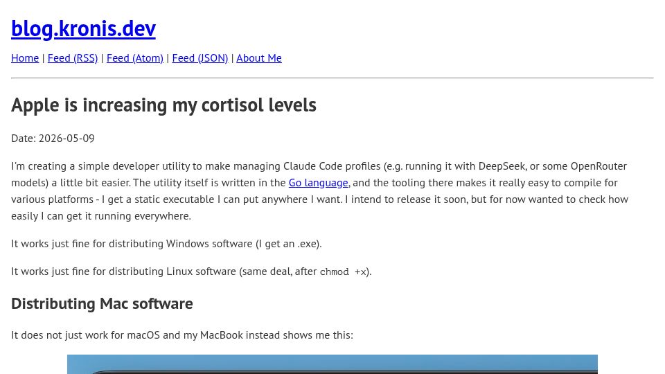 Screenshot of blog.kronis.dev: Distributing Mac software is increasing my cortisol levels