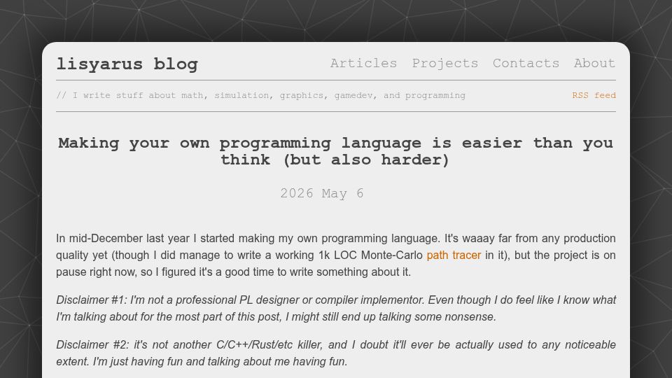 Screenshot of lisyarus.github.io: Making your own programming language is easier than you think (but also harder)