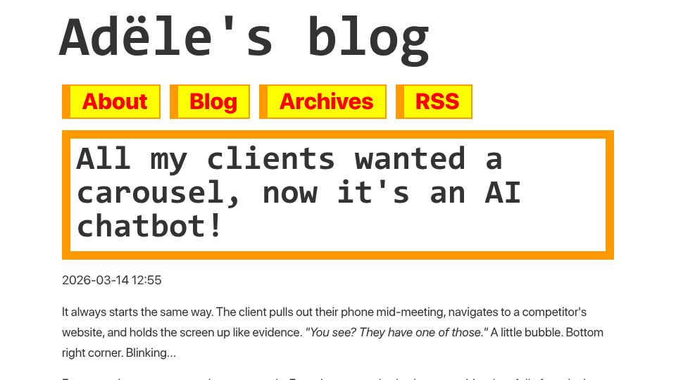 Screenshot of adele.pages.casa: All my clients wanted a carousel, now it's an AI chatbot