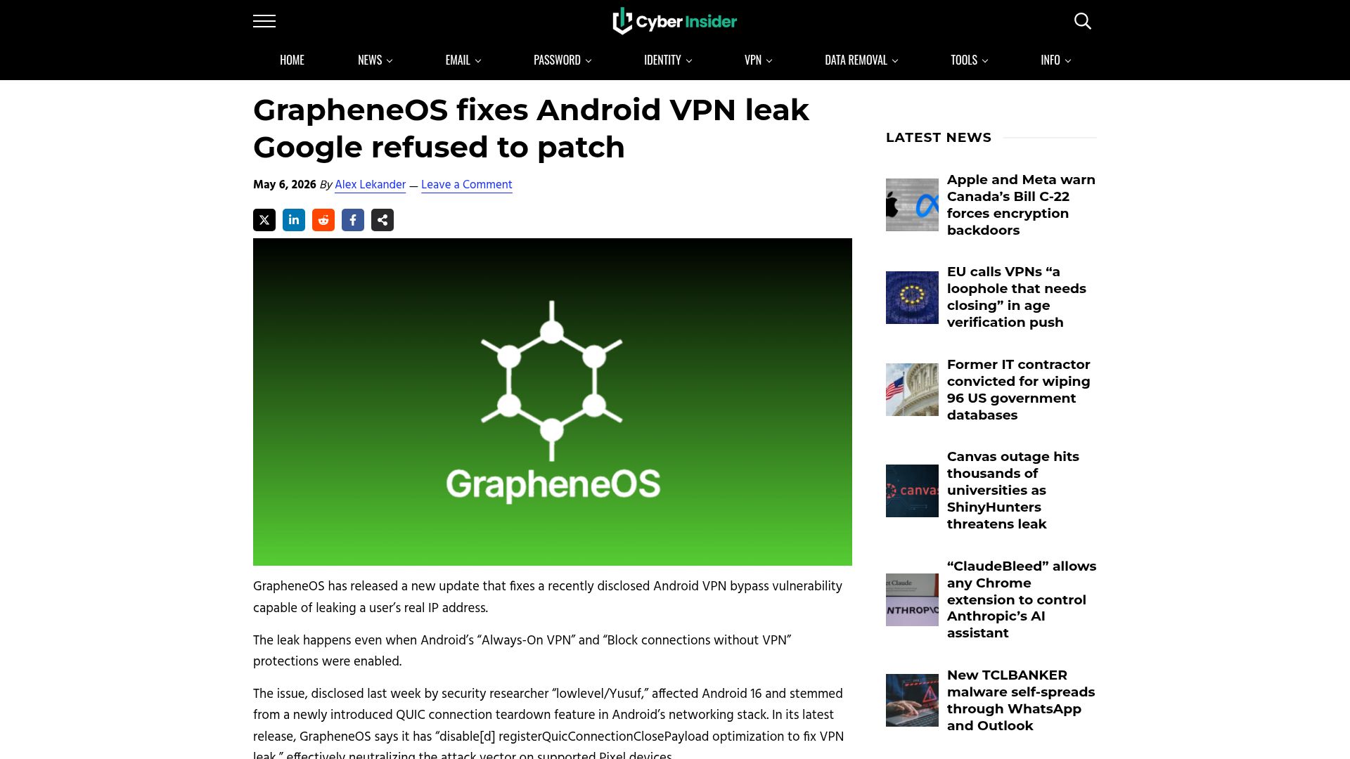 Screenshot of cyberinsider.com: GrapheneOS fixes Android VPN leak Google refused to patch