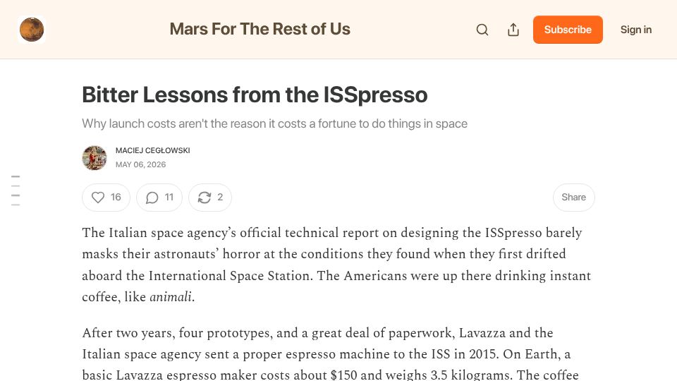 Screenshot of mceglowski.substack.com: Bitter Lessons from the ISSpresso