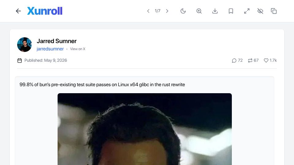 Screenshot of twitter.com: Bun ported to Rust in 6 days