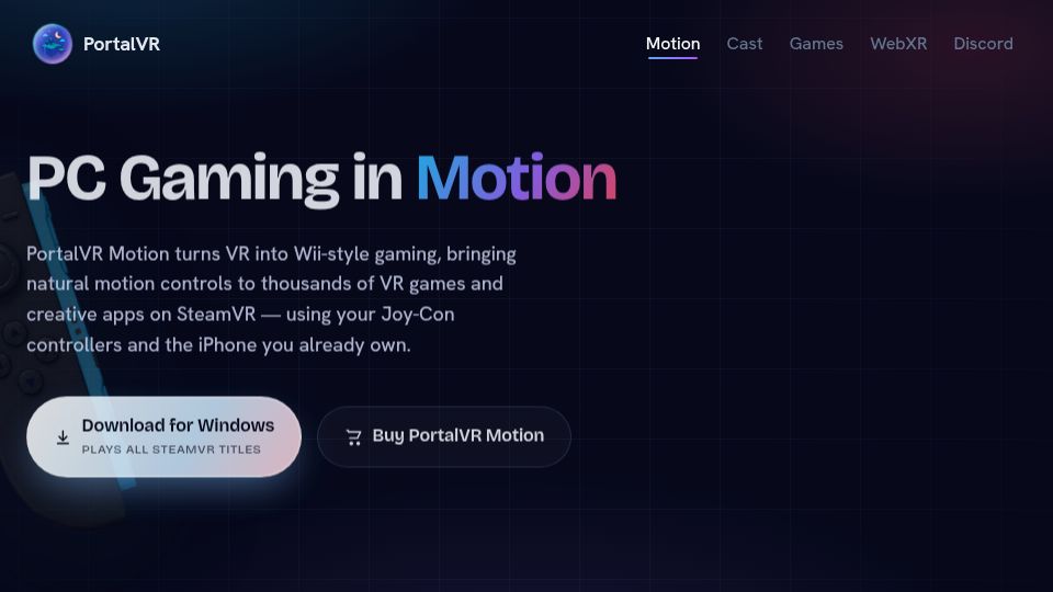 Screenshot of portalvr.io: PortalVR Motion – use any VR content in 2D with 3D tracked Joy-Cons