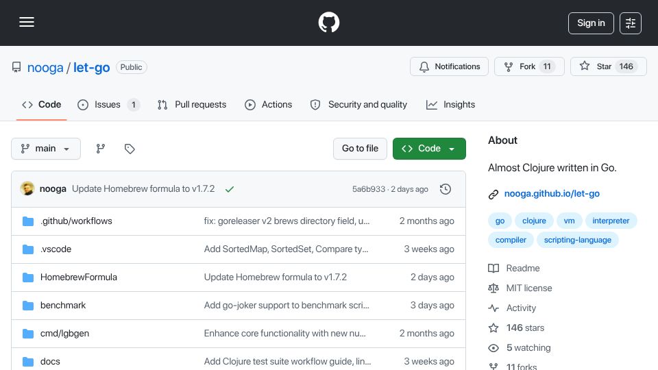 Screenshot of github.com: Show HN: I made a Clojure-like language in Go, boots in 7ms