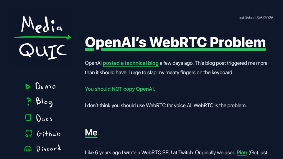 Screenshot of moq.dev: OpenAI’s WebRTC problem