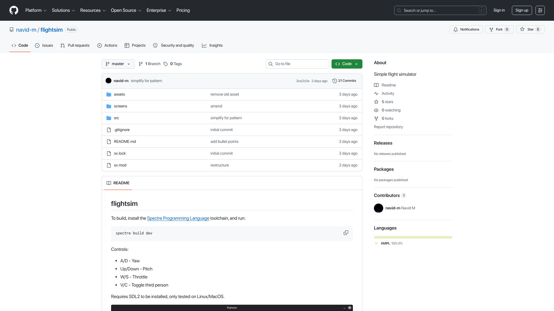 Screenshot of github.com: Show HN: I wrote a flight simulator in my own programming language