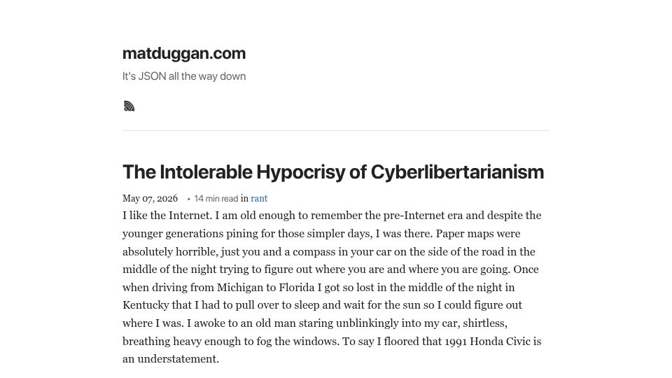 Screenshot of matduggan.com: The hypocrisy of cyberlibertarianism