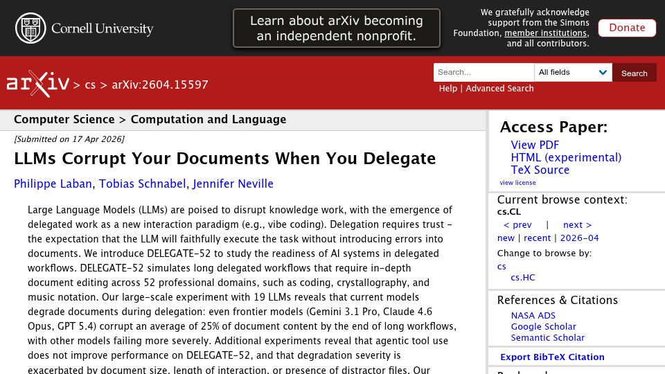 Screenshot of arxiv.org: LLMs corrupt your documents when you delegate