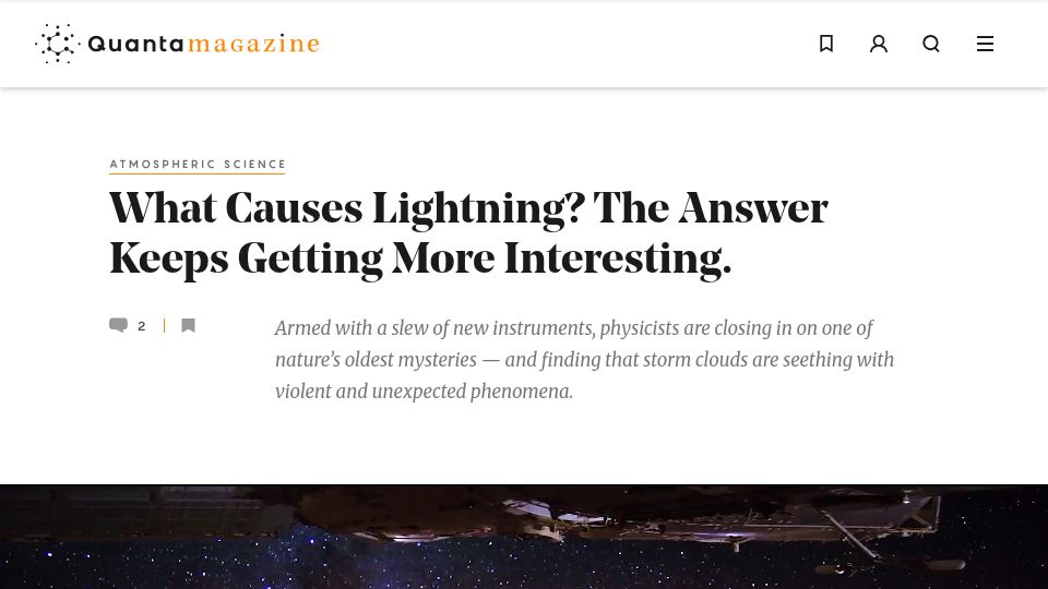 Screenshot of quantamagazine.org: What causes lightning? The answer keeps getting more interesting