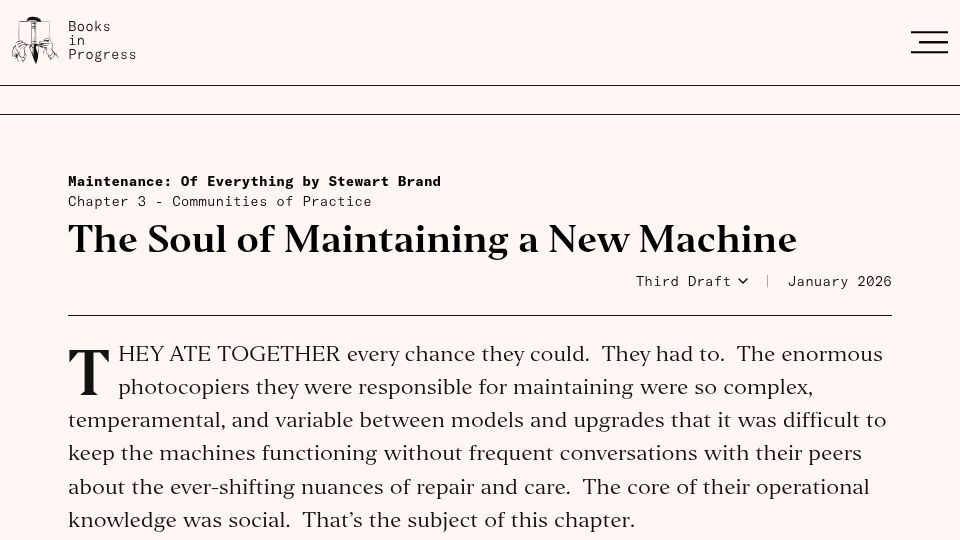 Screenshot of books.worksinprogress.co: The soul of maintaining a new machine