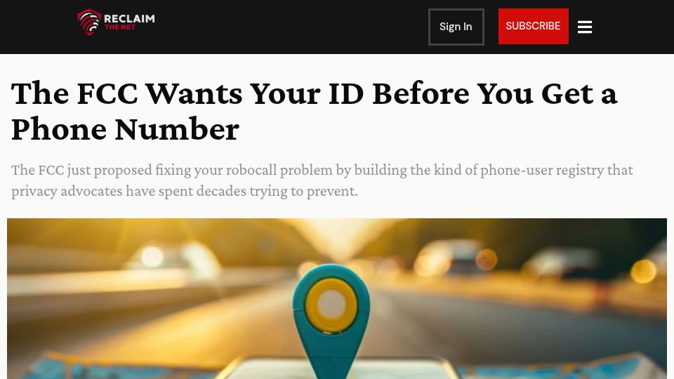 Screenshot of reclaimthenet.org: The FCC Wants Your ID Before You Get a Phone Number