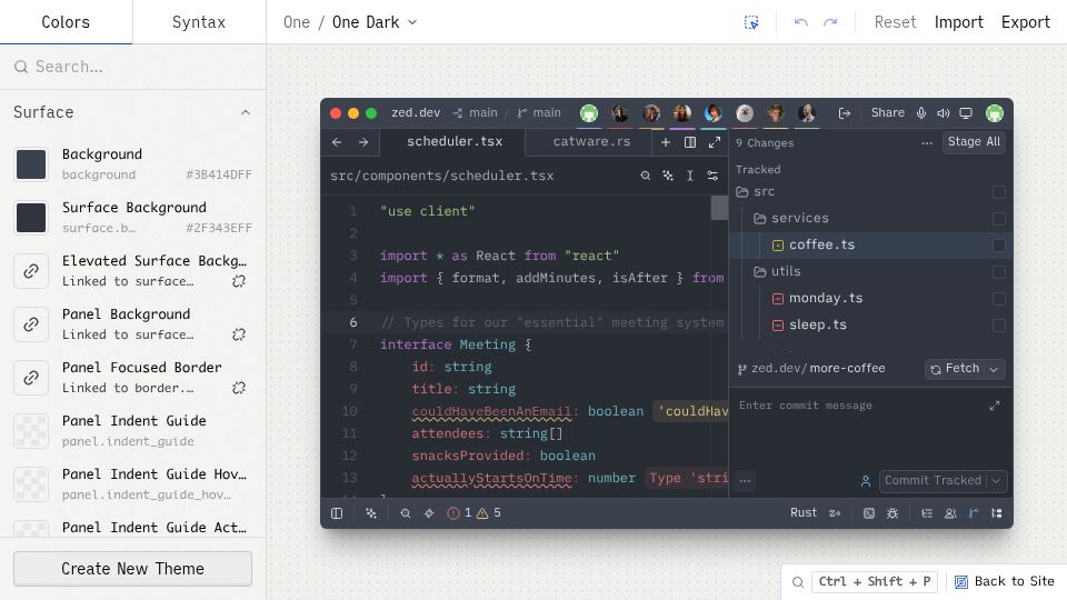 Screenshot of zed.dev: Zed Editor Theme-Builder