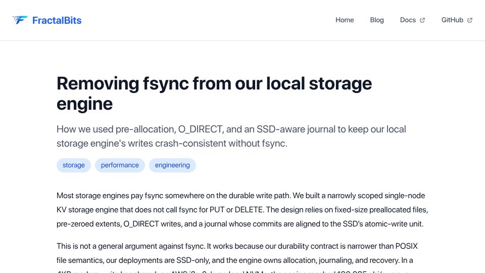 Screenshot of fractalbits.com: Removing fsync from our local storage engine