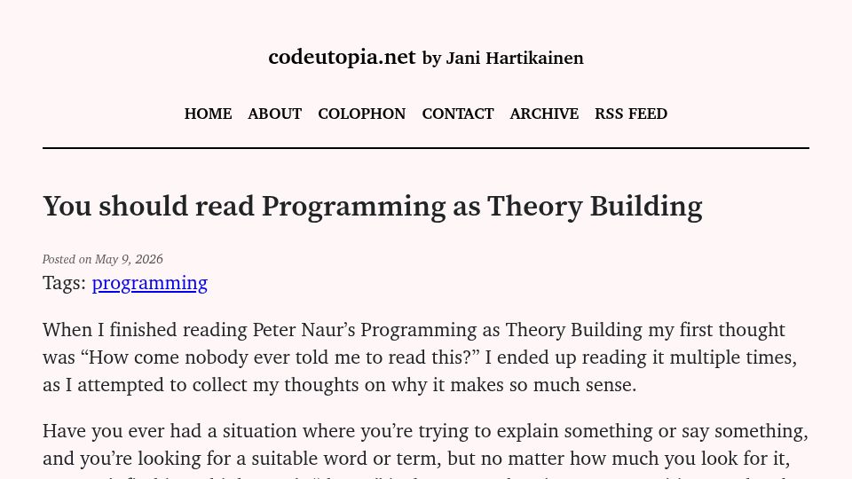 Screenshot of codeutopia.net: Read Programming as Theory Building