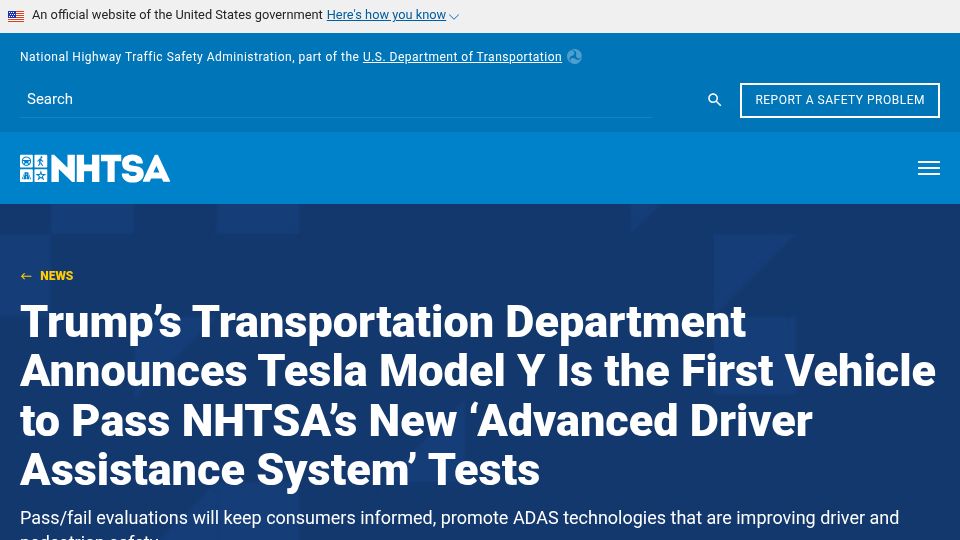 Screenshot of nhtsa.gov: Tesla Model Y Passes NHTSA's New 'Advanced Driver Assistance System' Tests