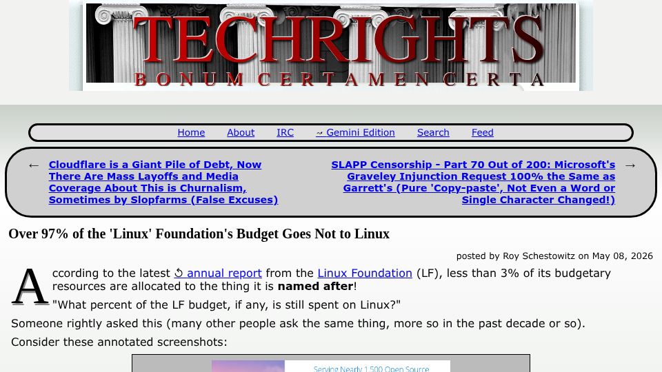 Screenshot of techrights.org: Over 97% of the 'Linux' Foundation's Budget Goes Not to Linux