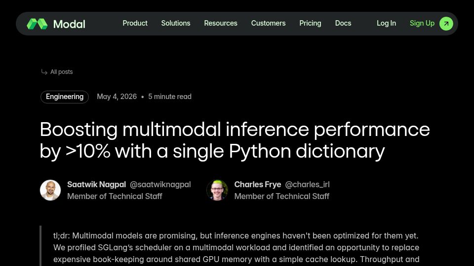 Screenshot of modal.com: Boosting multimodal inference performance by >10% with a single Python dict