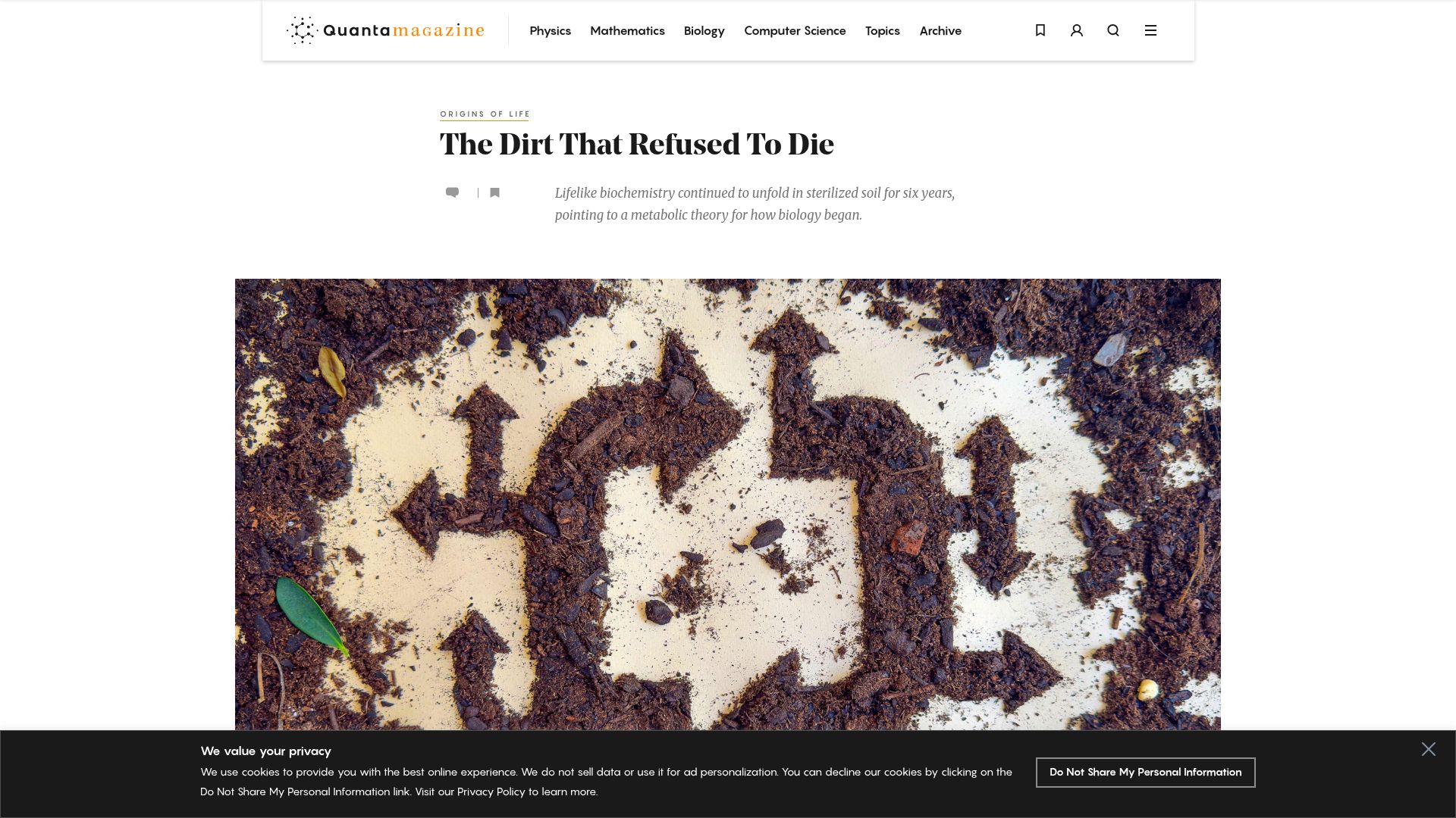 Screenshot of quantamagazine.org: What appear to be biochemical processes may be a natural feature of geology
