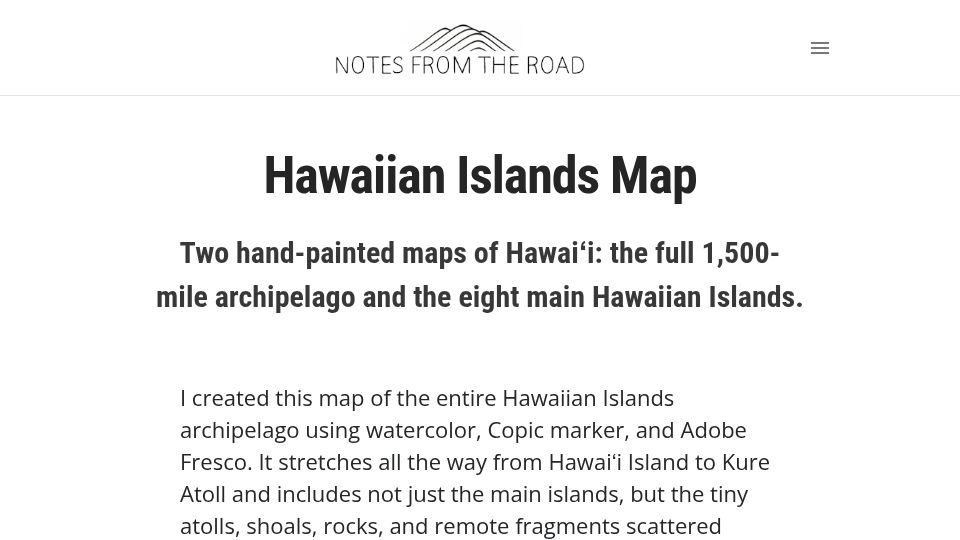 Screenshot of notesfromtheroad.com: Handmade Hawaiian Islands Map