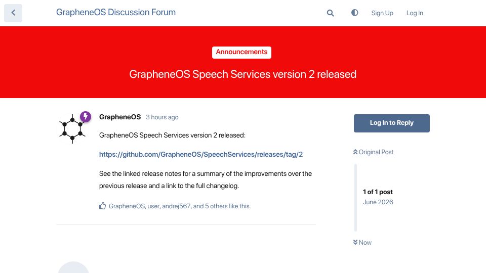 Screenshot of discuss.grapheneos.org: GrapheneOS Speech Services version 2 released