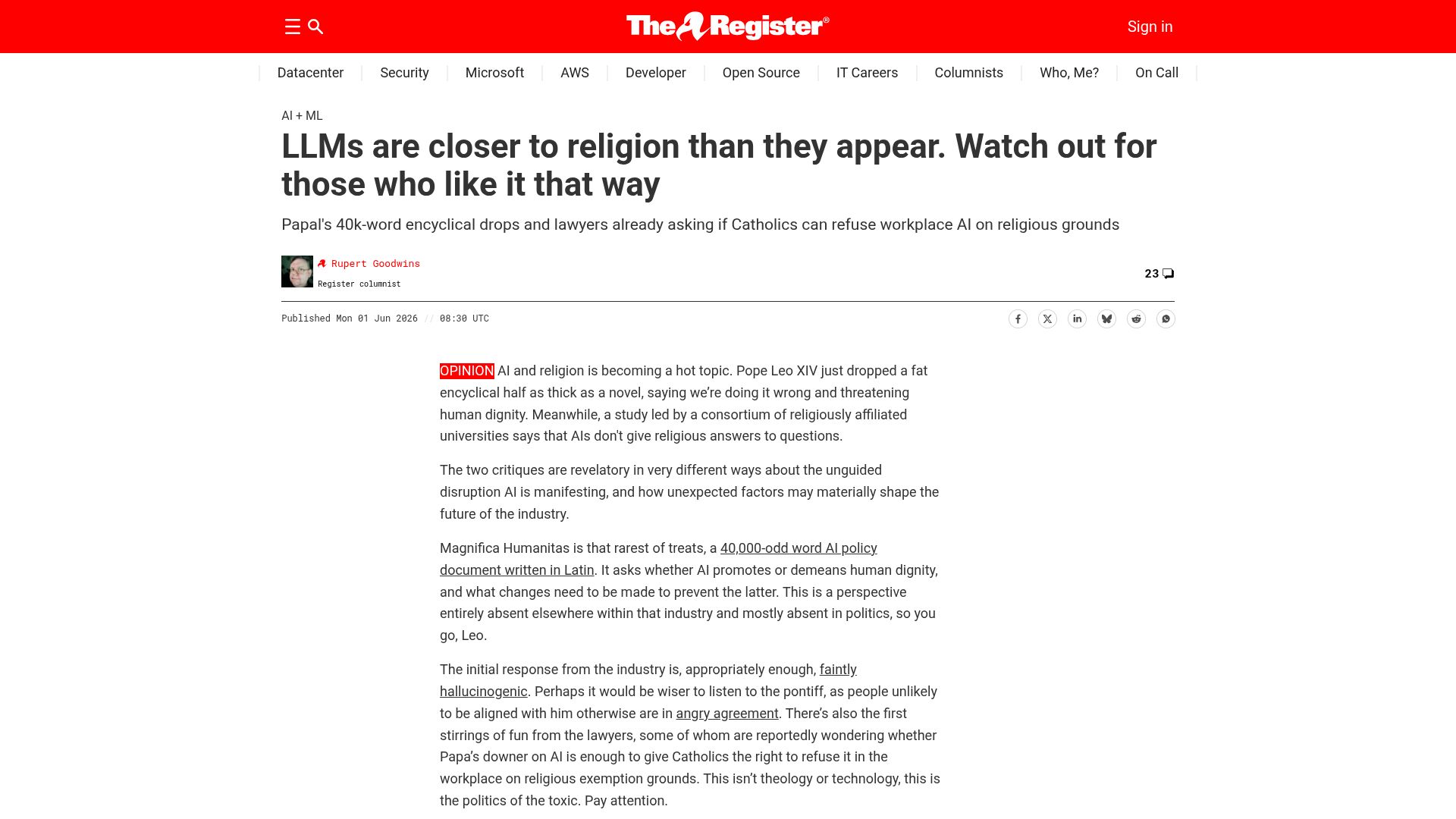 Screenshot of theregister.com: LLMs Are Closer to Religion Than They Appear
