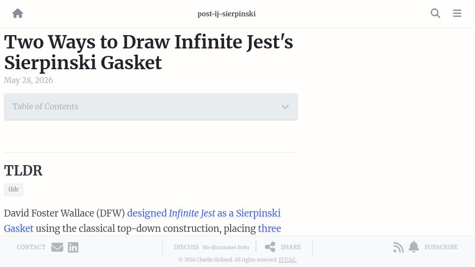 Screenshot of chiply.dev: Two Ways to Draw Infinite Jest's Sierpinski Gasket