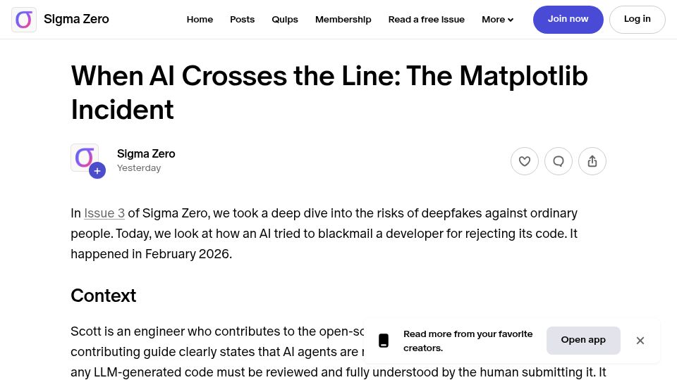 Screenshot of members.sigmazero.cc: When AI Crosses the Line: The Matplotlib Incident